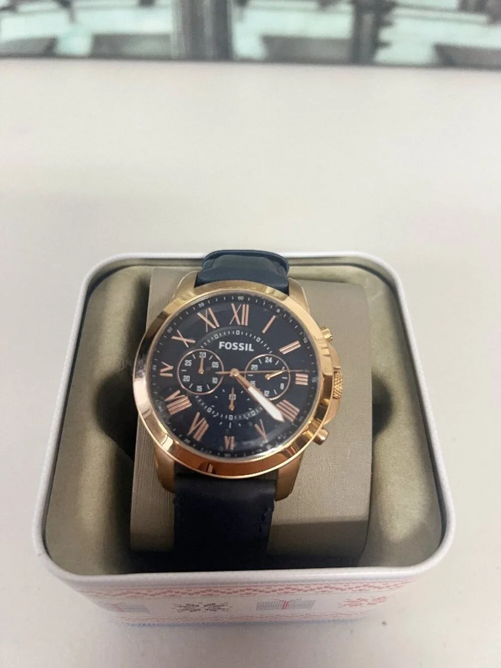 Fossil FS4835 Chronograph 44mm Rose Gold Steel Watch Navy Leather Strap